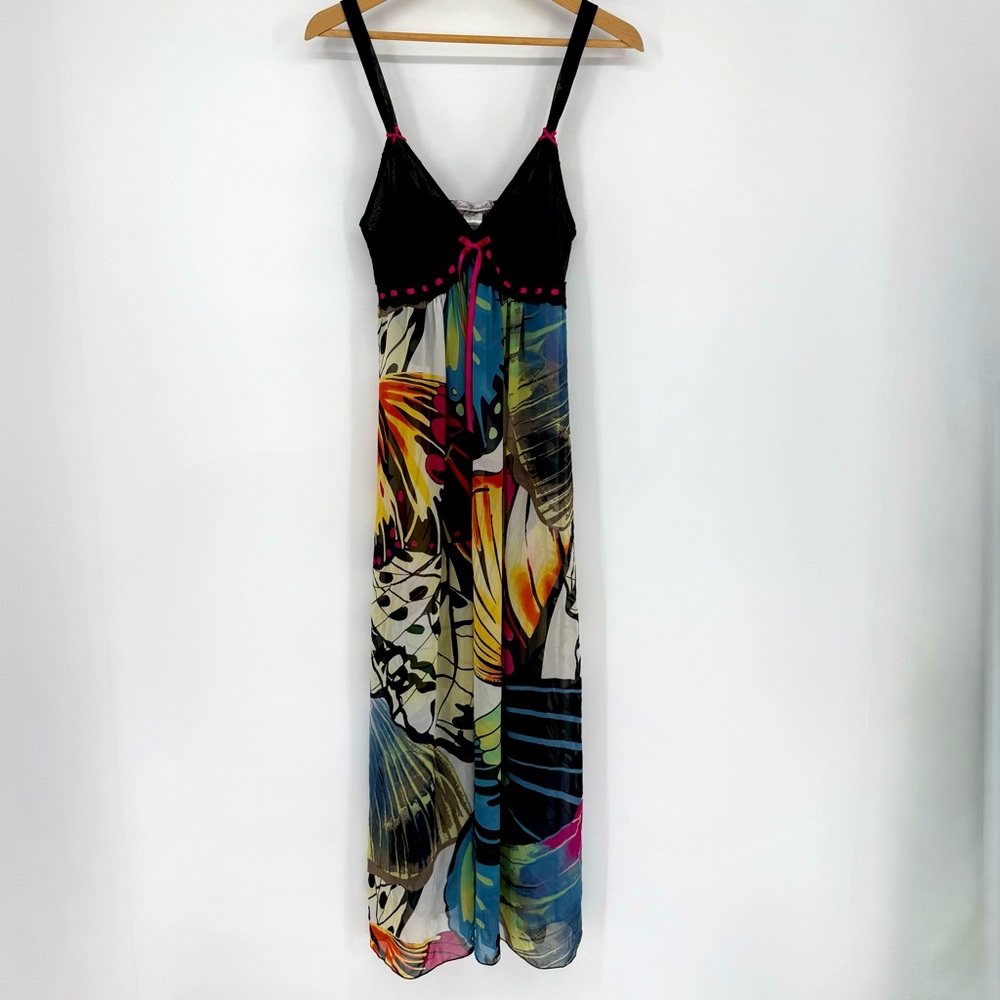 Linnea Donatella Maxi Slip Dress Size M Sheer Multicolor Butterfly‎ Wings Y2K